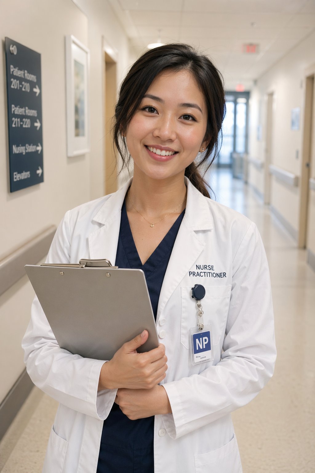 Nurse practitioner in white coat smiling in hospital hallway